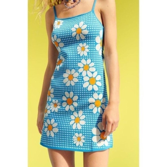 Zara Blue Gingham Daisy Knit Mini Dress Size Large - Picture 2 of 12